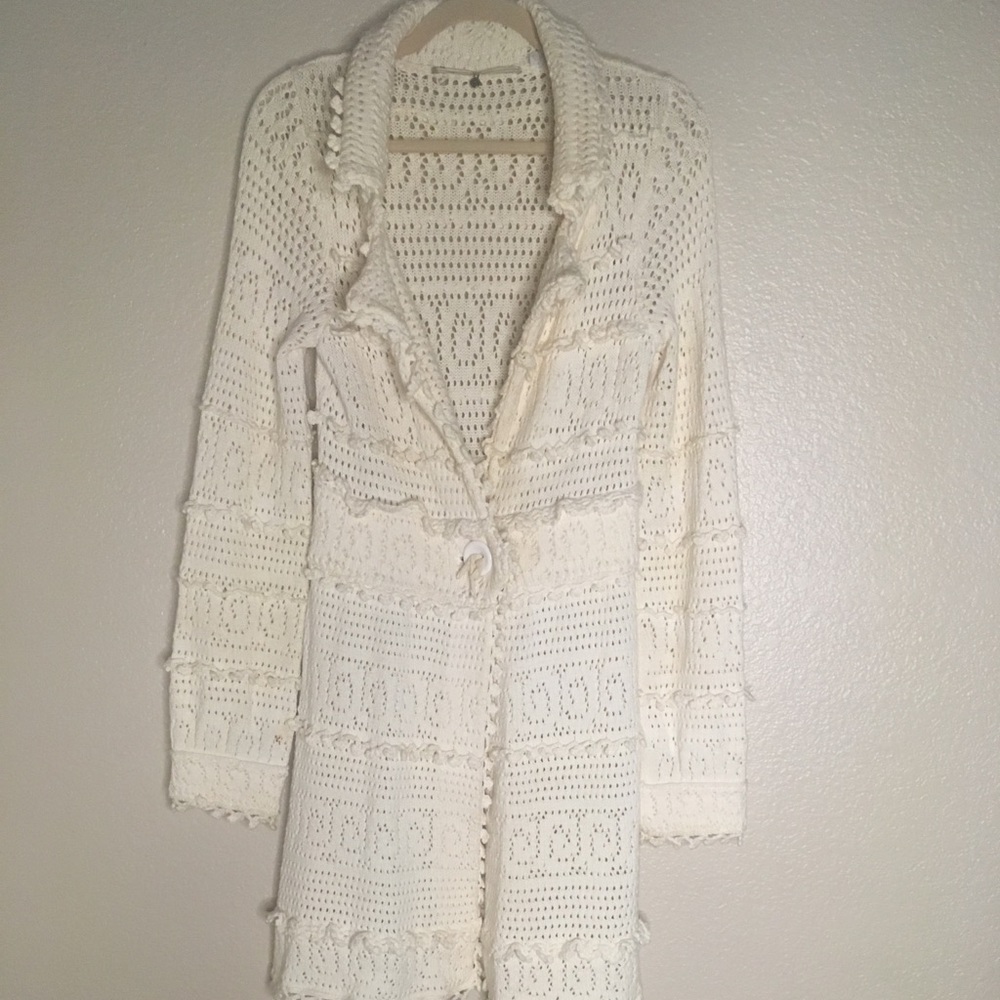 Knitted & Knotted Cream Crochet Long Sweater Sz S